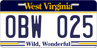 WV license plate OBW025