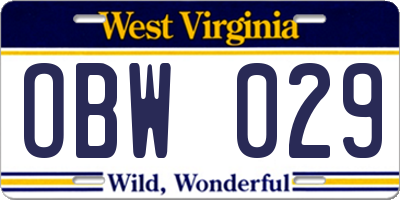 WV license plate OBW029