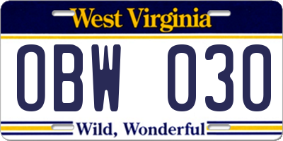 WV license plate OBW030