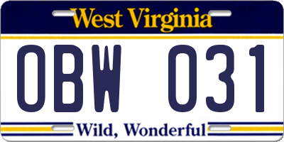 WV license plate OBW031