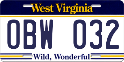 WV license plate OBW032