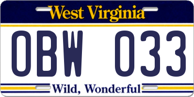 WV license plate OBW033