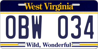 WV license plate OBW034