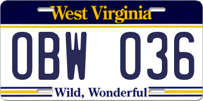 WV license plate OBW036