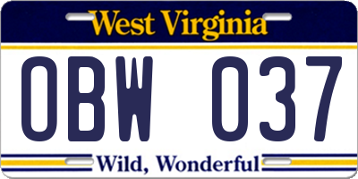 WV license plate OBW037