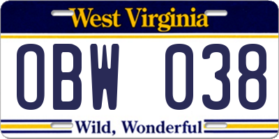 WV license plate OBW038