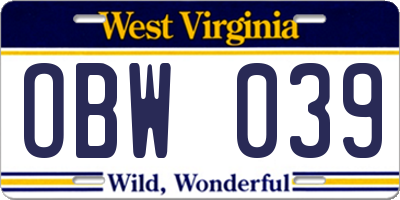 WV license plate OBW039