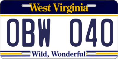 WV license plate OBW040