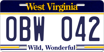 WV license plate OBW042