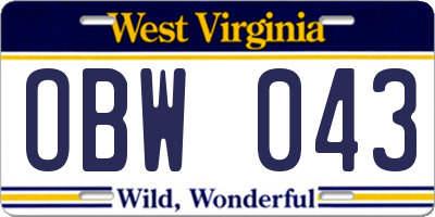 WV license plate OBW043