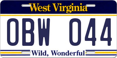 WV license plate OBW044