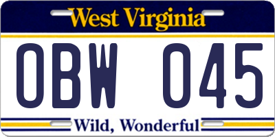 WV license plate OBW045
