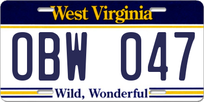 WV license plate OBW047