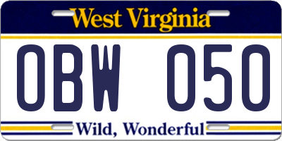 WV license plate OBW050