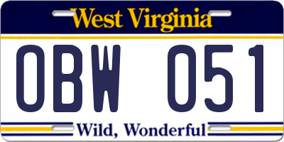 WV license plate OBW051