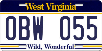 WV license plate OBW055
