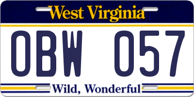 WV license plate OBW057