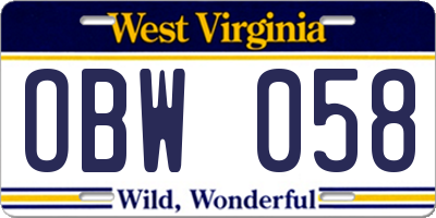 WV license plate OBW058