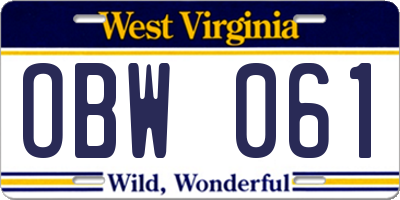 WV license plate OBW061