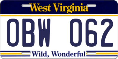 WV license plate OBW062
