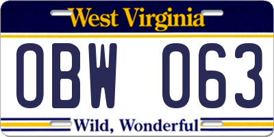 WV license plate OBW063