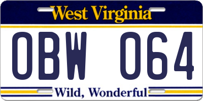 WV license plate OBW064