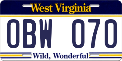 WV license plate OBW070