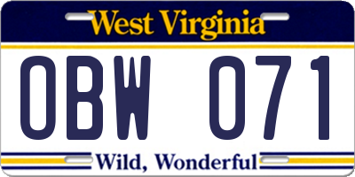 WV license plate OBW071