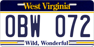 WV license plate OBW072