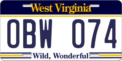 WV license plate OBW074