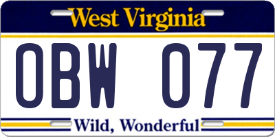 WV license plate OBW077