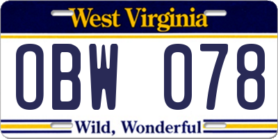 WV license plate OBW078