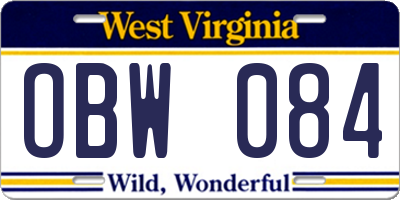 WV license plate OBW084