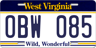WV license plate OBW085