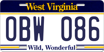 WV license plate OBW086
