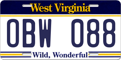 WV license plate OBW088