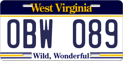 WV license plate OBW089
