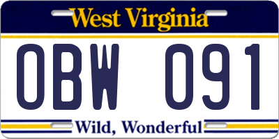 WV license plate OBW091