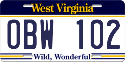 WV license plate OBW102