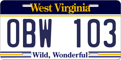 WV license plate OBW103
