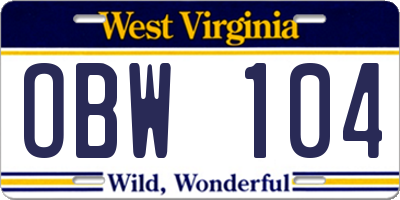 WV license plate OBW104