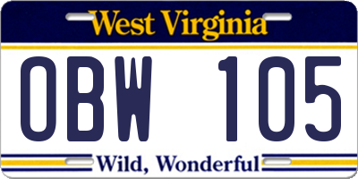 WV license plate OBW105