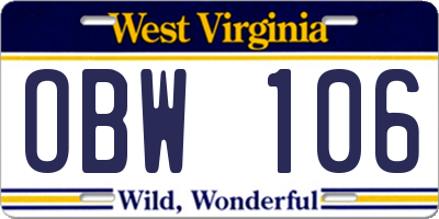 WV license plate OBW106