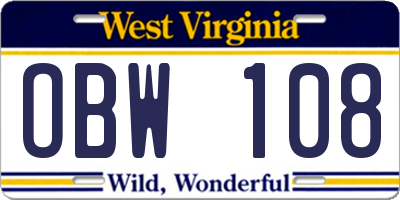 WV license plate OBW108