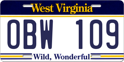 WV license plate OBW109