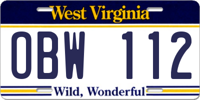 WV license plate OBW112