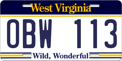 WV license plate OBW113
