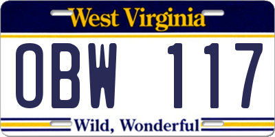 WV license plate OBW117