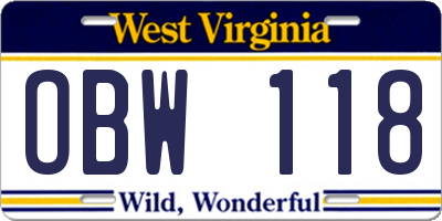 WV license plate OBW118