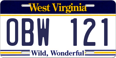 WV license plate OBW121